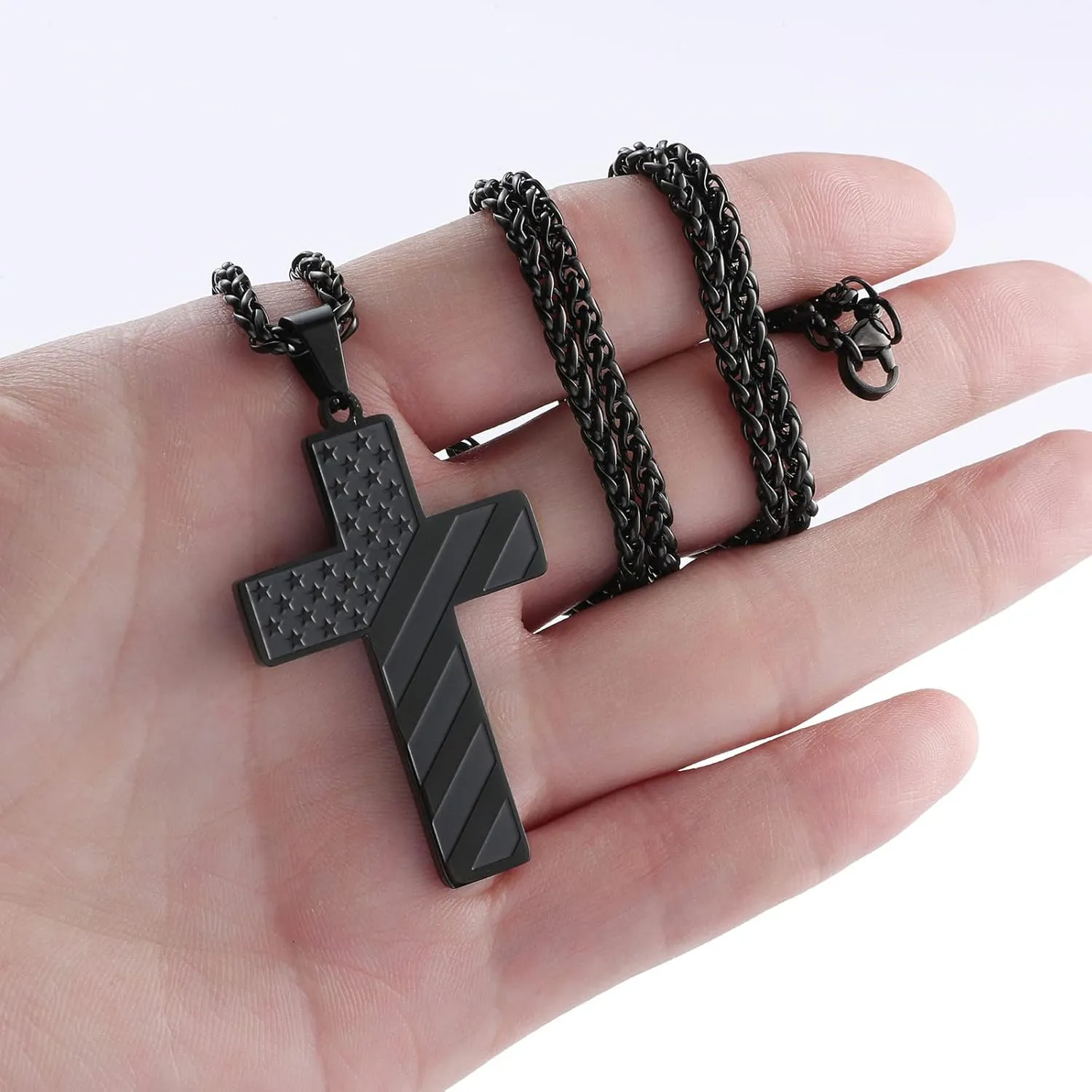 DuoDiner 24 Inch Cross Necklace for Men Boys Kids Bible Verse American Flag Pendant Baptism Religious First Communion Jewelry Gifts