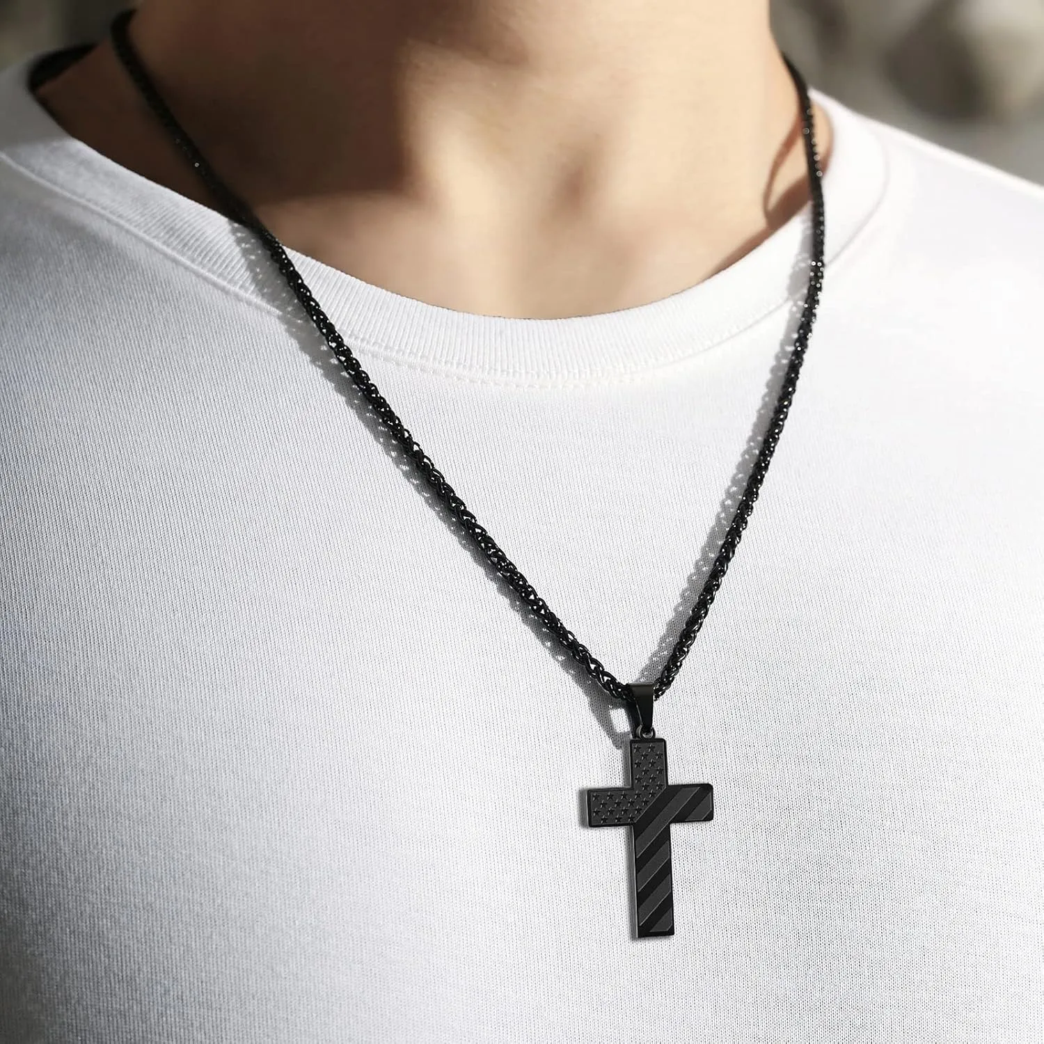DuoDiner 24 Inch Cross Necklace for Men Boys Kids Bible Verse American Flag Pendant Baptism Religious First Communion Jewelry Gifts