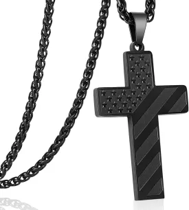 DuoDiner 24 Inch Cross Necklace for Men Boys Kids Bible Verse American Flag Pendant Baptism Religious First Communion Jewelry Gifts