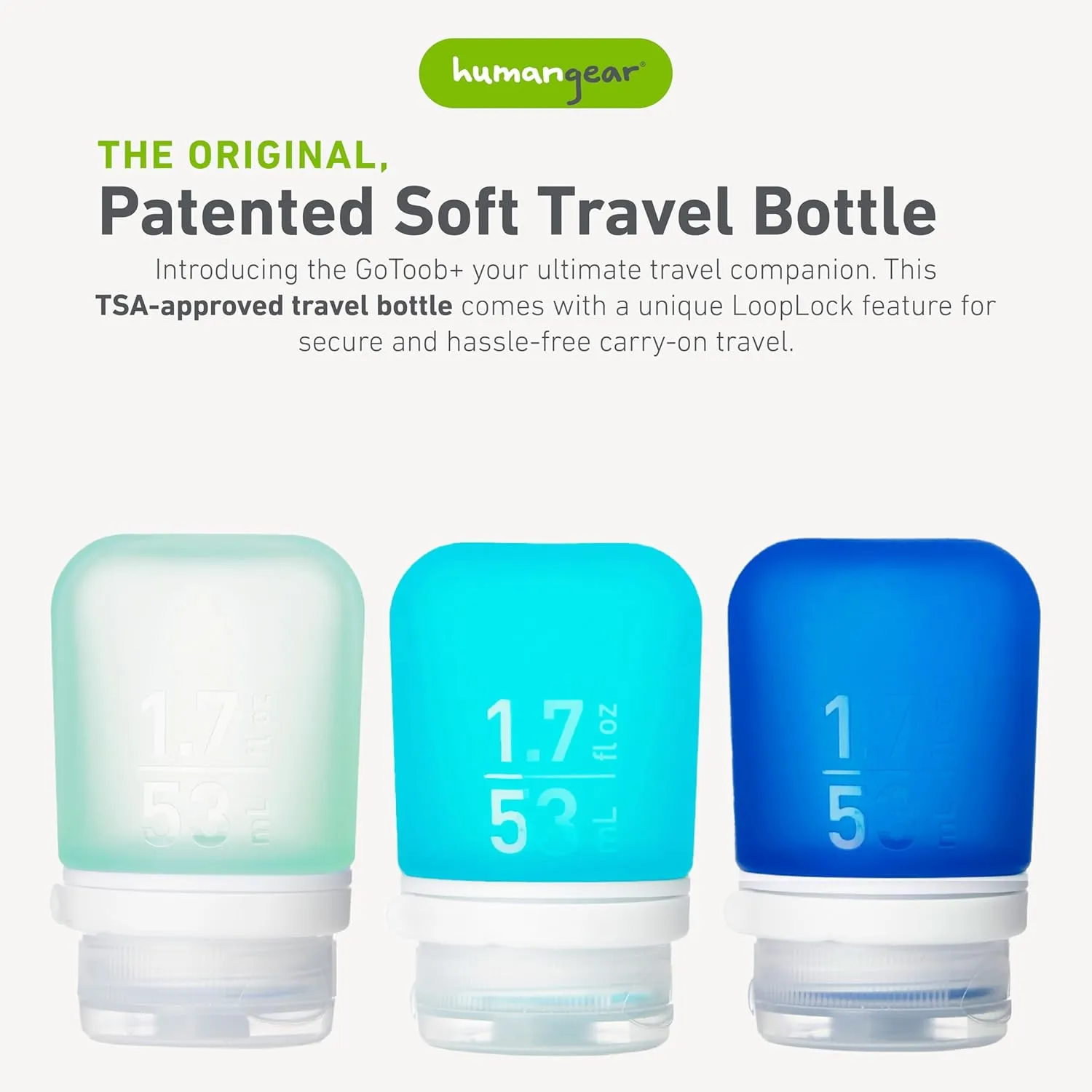 humangear GoToob  Refillable Silicone Travel Size Bottles with Locking Cap, 3pk Set, Mint/Aqua/Teal, Small (1.7 fl.oz; 53ml)