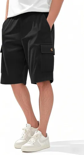Mens Cargo Shorts Casual Drawstring Elastic Waist Corduroy Summer Beach Shorts with Pockets