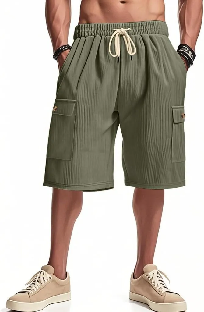 Mens Cargo Shorts Casual Drawstring Elastic Waist Corduroy Summer Beach Shorts with Pockets