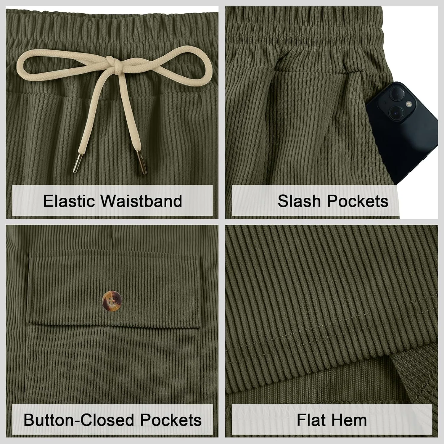 Mens Cargo Shorts Casual Drawstring Elastic Waist Corduroy Summer Beach Shorts with Pockets