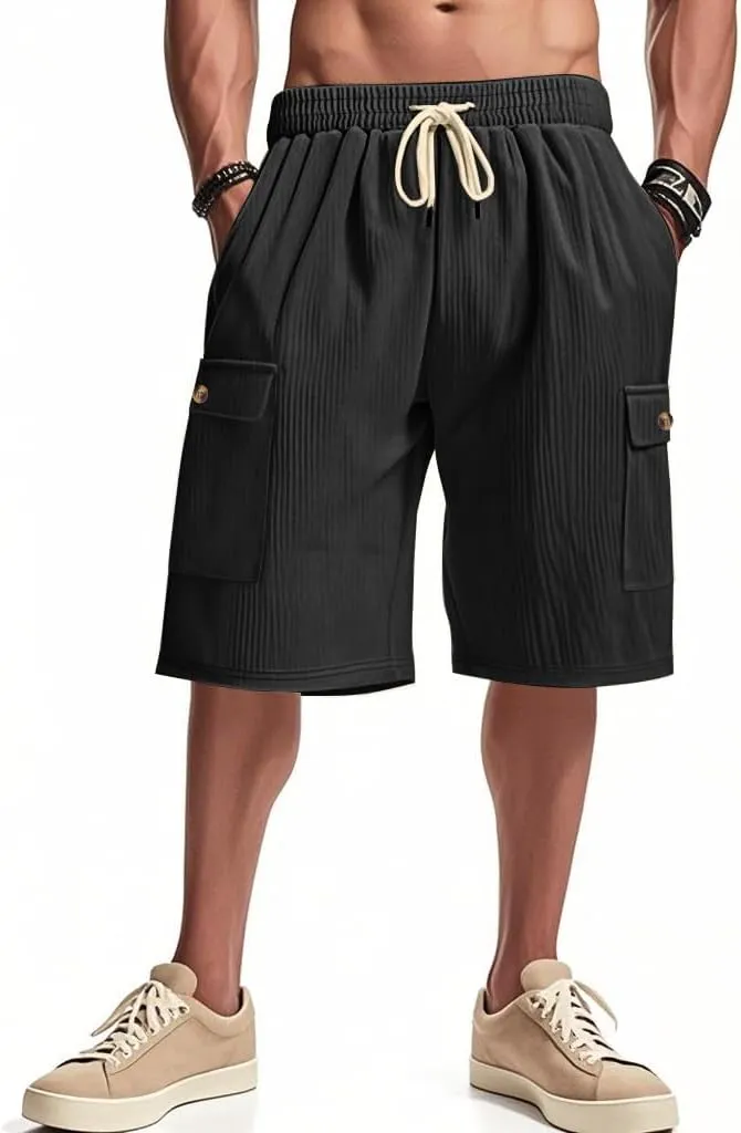 Mens Cargo Shorts Casual Drawstring Elastic Waist Corduroy Summer Beach Shorts with Pockets