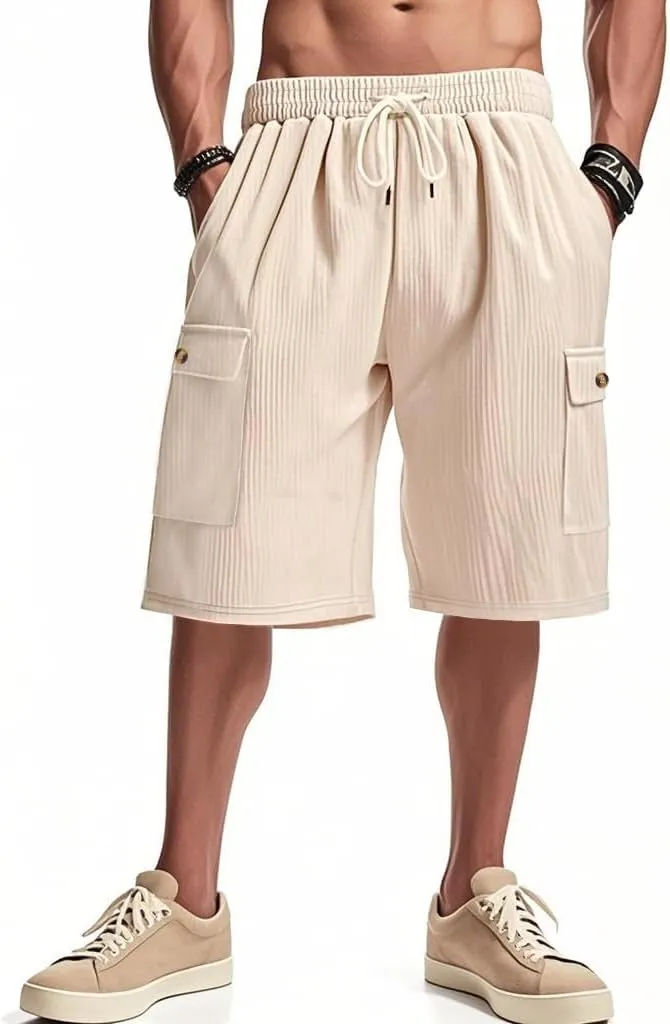 Mens Cargo Shorts Casual Drawstring Elastic Waist Corduroy Summer Beach Shorts with Pockets