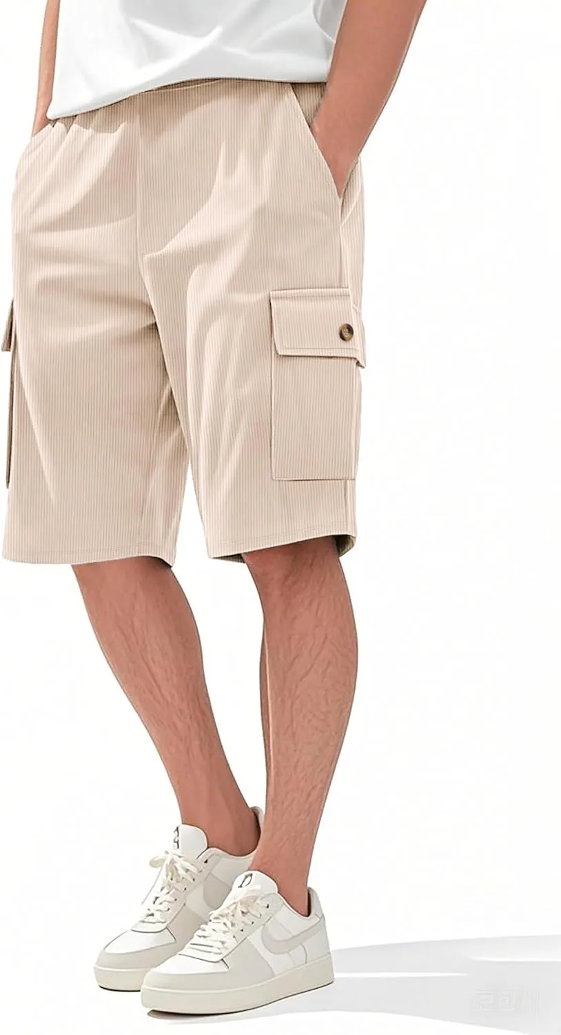 Mens Cargo Shorts Casual Drawstring Elastic Waist Corduroy Summer Beach Shorts with Pockets