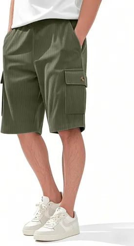 Mens Cargo Shorts Casual Drawstring Elastic Waist Corduroy Summer Beach Shorts with Pockets
