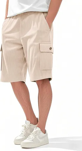 Mens Cargo Shorts Casual Drawstring Elastic Waist Corduroy Summer Beach Shorts with Pockets